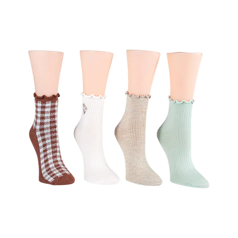 Ribb med broderad blomma/ Ginghamlettuce Welt Anklet 4ppk strumpor
