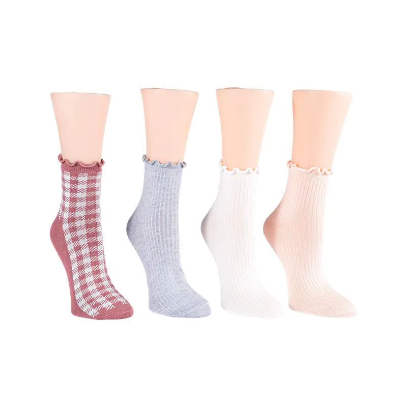 Ribb med broderad blomma/ Ginghamlettuce Welt Anklet 4ppk strumpor
